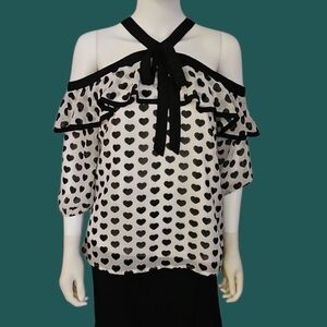 PAPAYA Black and White Hearts Ruffle Criss Cross Off-Shoulder Chiffon Top